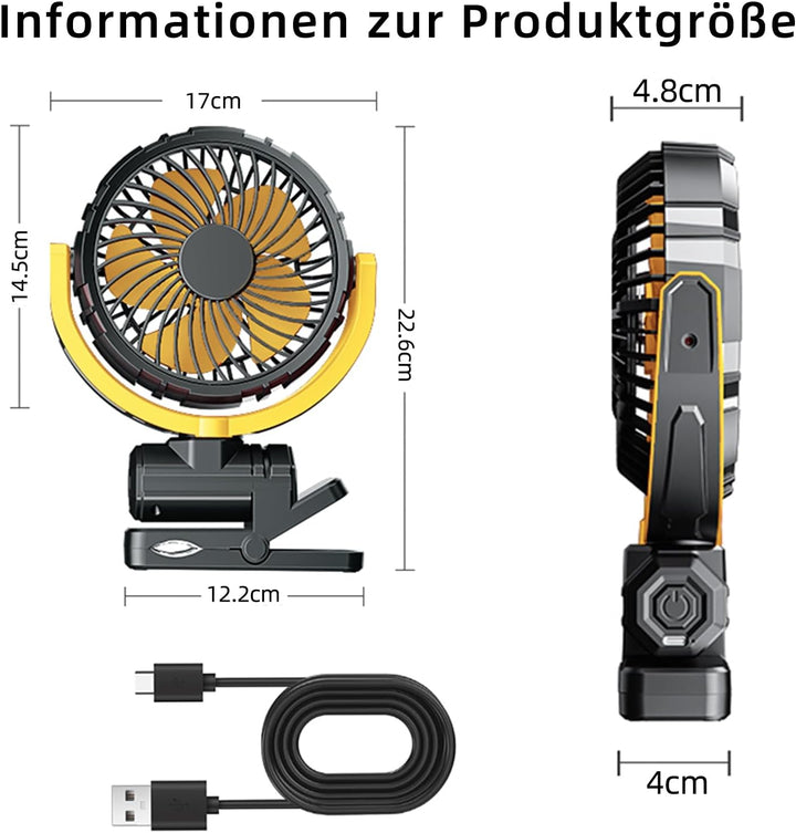 Auto Clip Ventilator mit Akku,USB C Aufladbar Leise Fan Portable Klein Klemmventilator,360° Verstell
