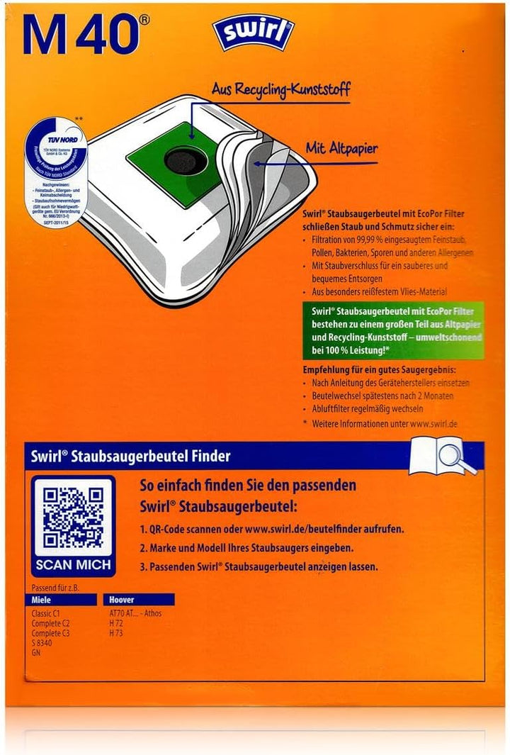 12 Original SWIRL M40 Staubsaugerbeutel
