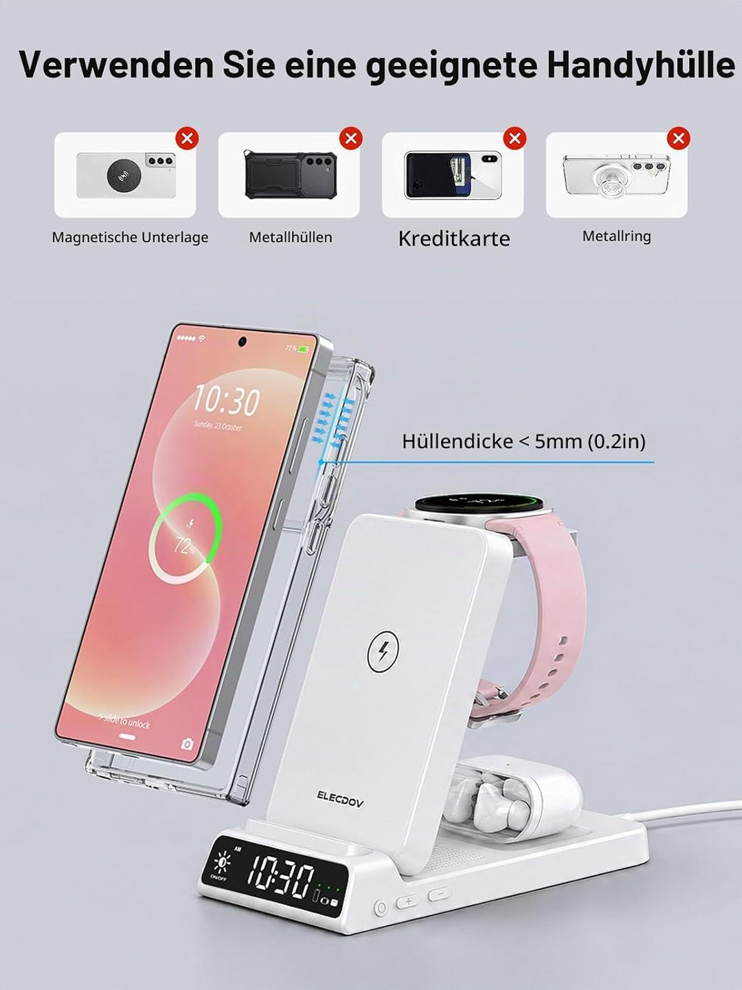 Wireless Charger für Samsung Ladestation 3 in 1 mit Uhr für Samsung Galaxy S26/S25/Z Fold 7/Flip 7/B