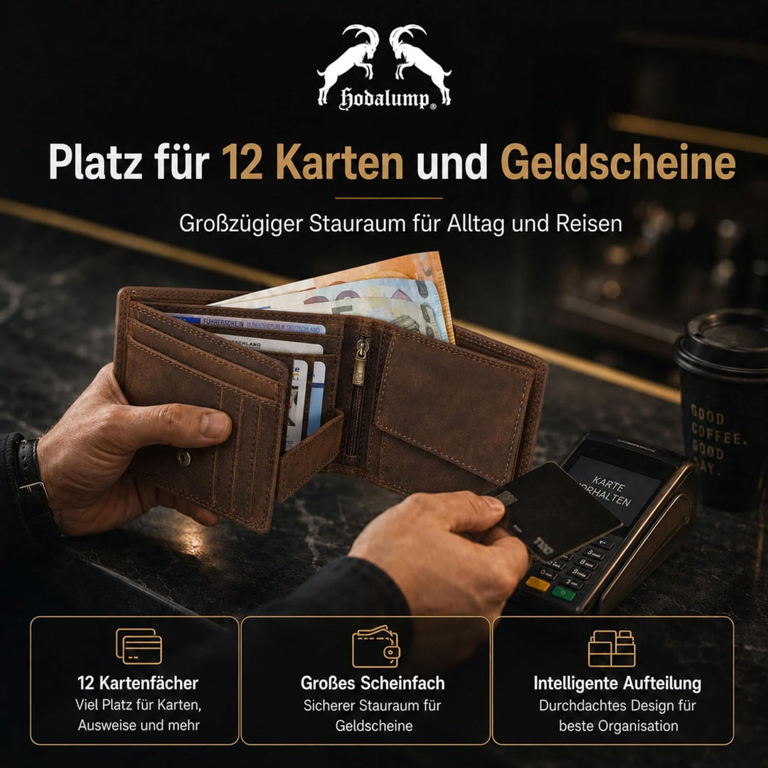 hodalump Echt-Leder Geldbörse • Premium Geldbeutel für Damen und Herren mit RFID-Schutz • Langlebige