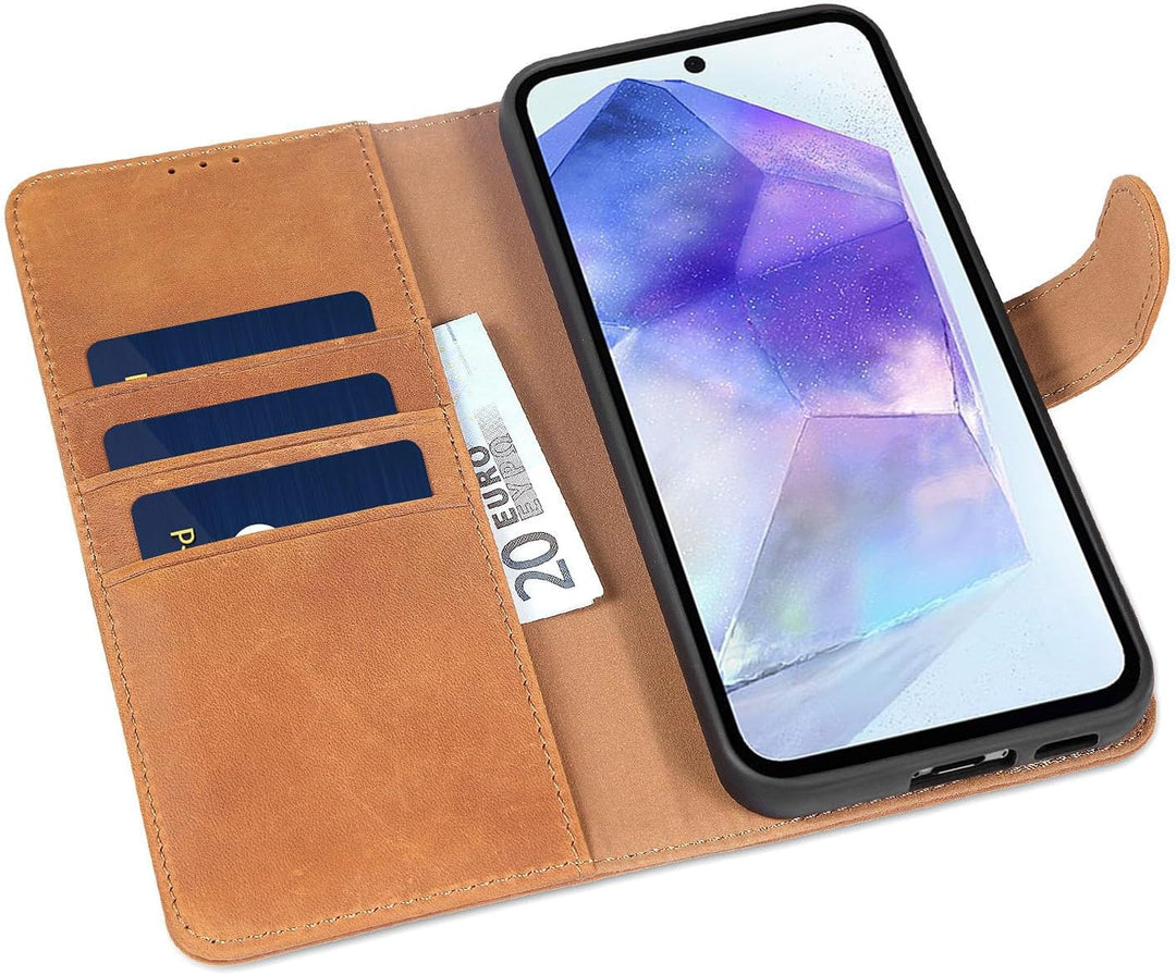 LENSUN Echtleder Hülle für Samsung Galaxy A55, Handyhülle [Echtes Leder][Kartenfach][RFID Schutz] Ha