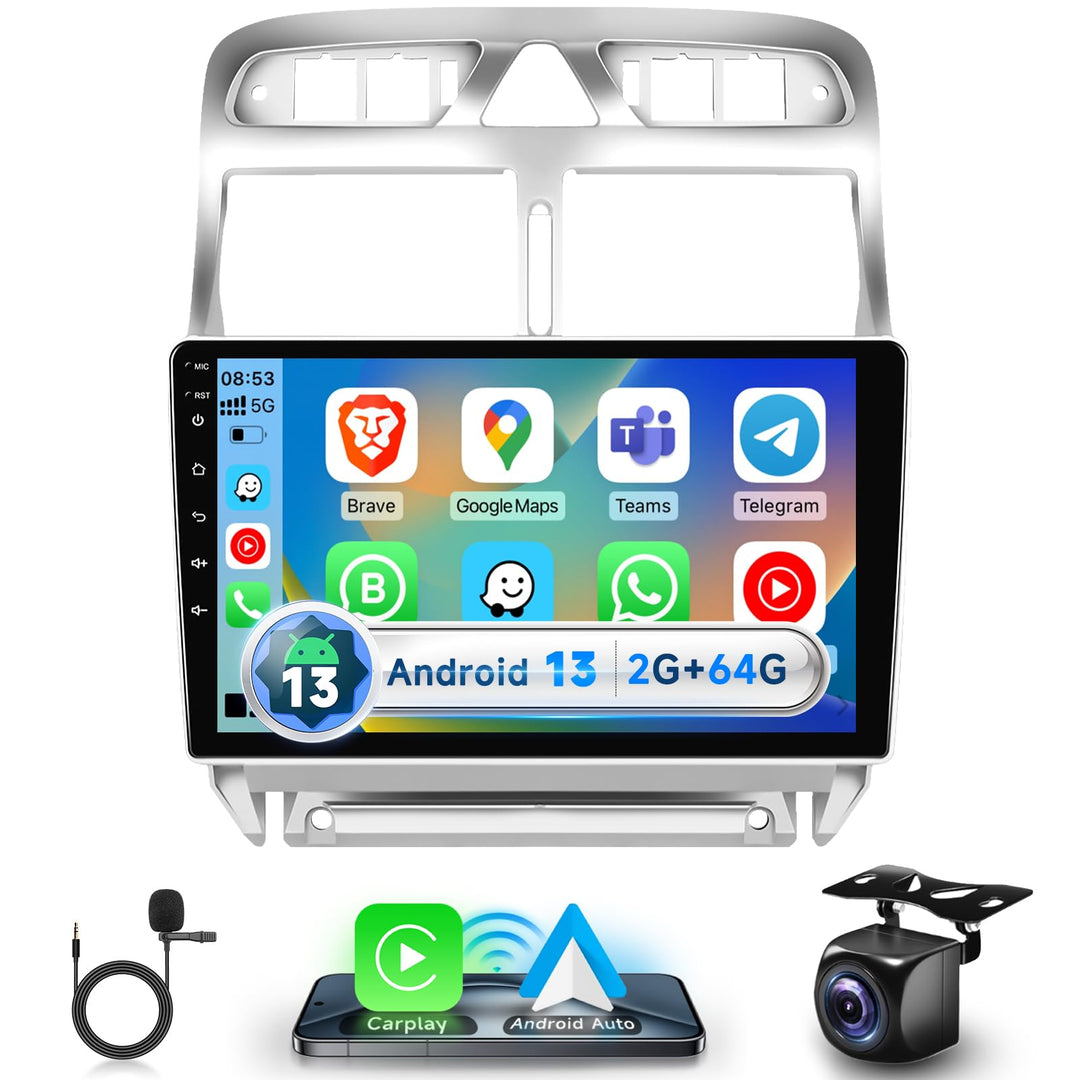 Podofo Carplay Android Autoradio GPS für Peugeot 307 2002-2013, HiFi Android Auto 9" Touchscreen WiF