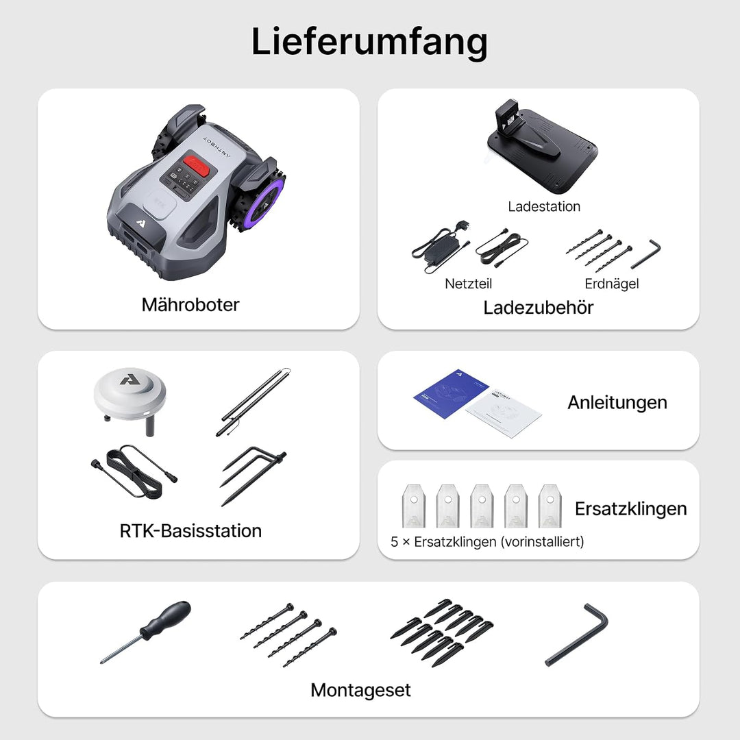 ANTHBOT M9 Set: Mähroboter ohne Begrenzungskabel inkl. NetRTK &amp; 4G Service (1 Jahr), Schnelle Instal