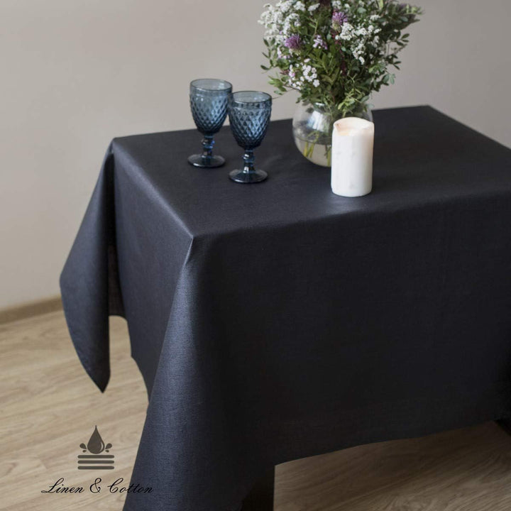 Linen &amp; Cotton Tischdecke Wasserdicht Wachstuch Gartentischdecke Adele - 100% Leinen, Schwarz (100 x