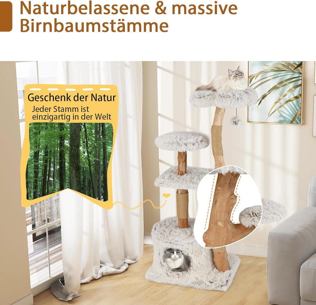 SOARS Kratzbaum Holz, Katzenbaum mit 2 natürlichen Birnbaumstämmen, Sitzplattform &amp; Plüschflächen, S