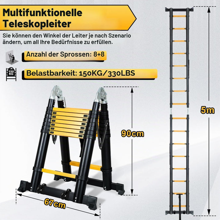 Randaco 5M (2.5+2.5) Teleskopleiter Klappleiter Aluminium, Ausziehbare Leiter, Rutschfester Aluleite