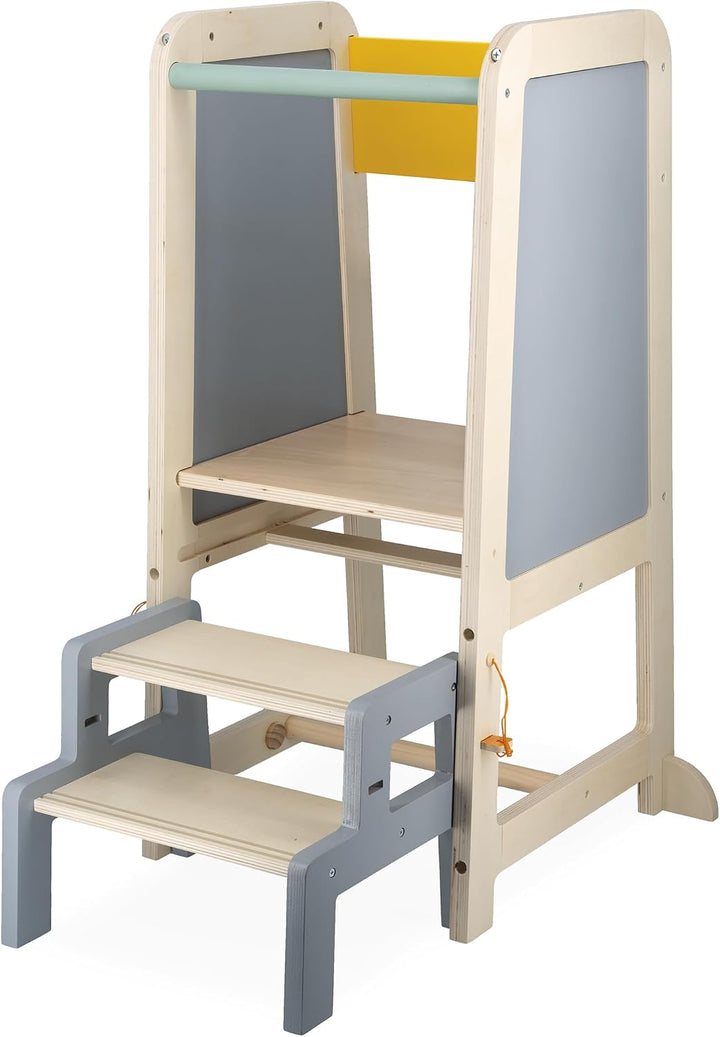 Janod - Lernturm aus Holz - 2 Einstellbare Höhen - 1 Abnehmbarer Tritthocker, 1 Tafel, 2 Kreiden, 1