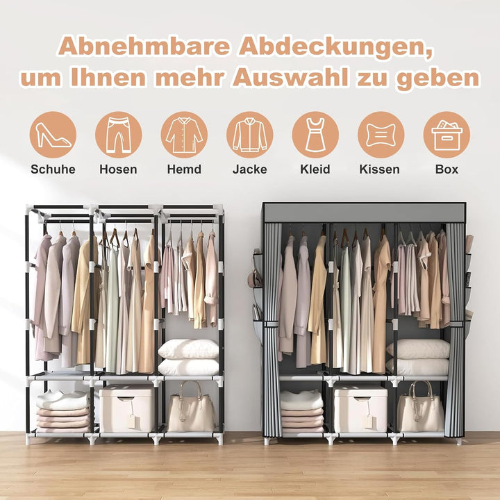Kleiderschrank, Stoffschrank, Kleiderschränke mit Abdeckung, 3 Kleiderstangen, 6 Ablageflächen und S