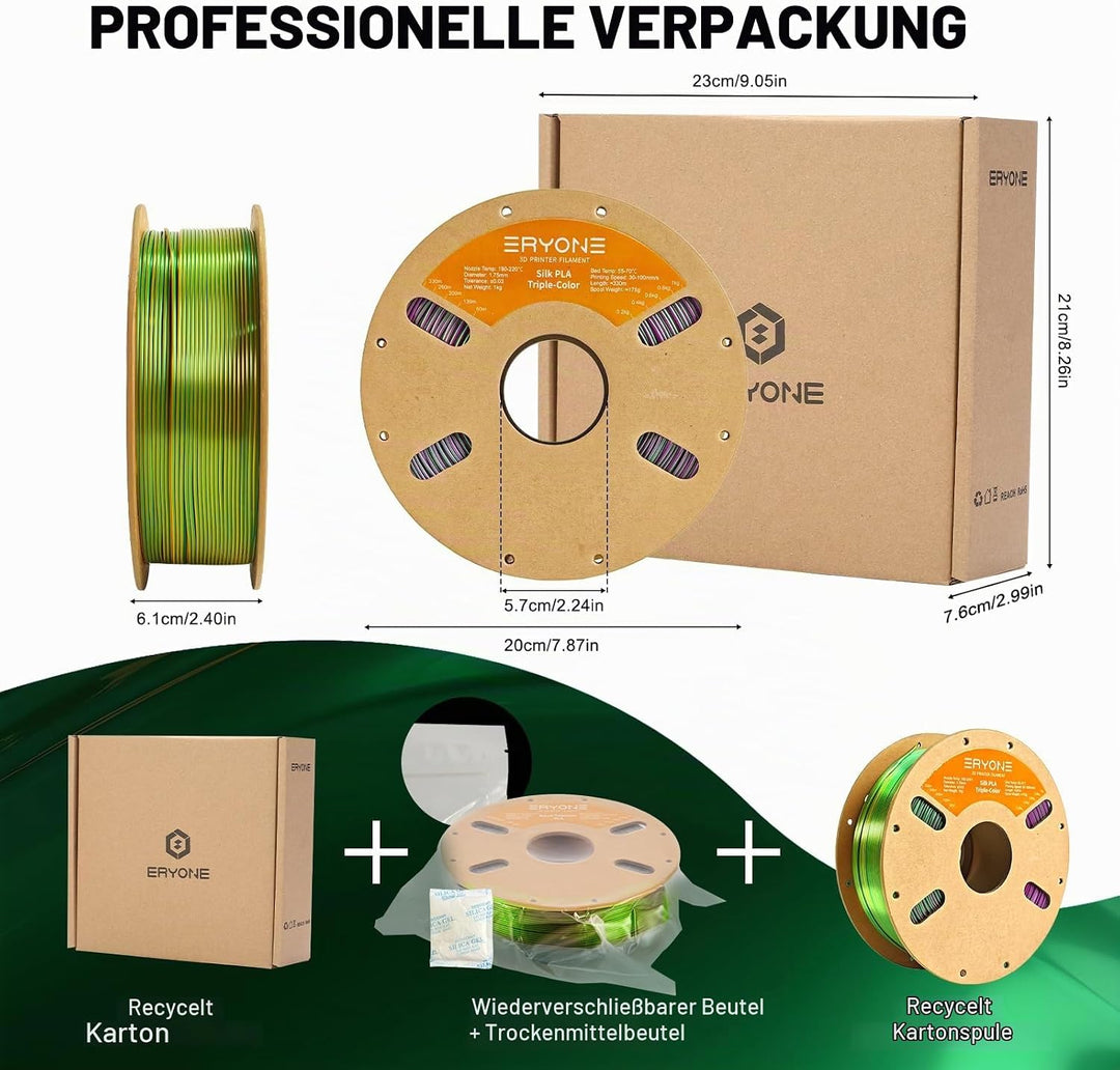 ERYONE Dreifarbiges Seiden PLA Filament 1.75mm,Seidiges Mehrfarbiges PLA-Filament für 3D-Drucker +/-
