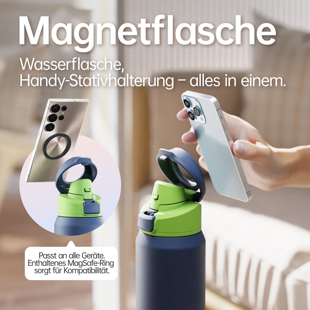 Magcheer Trinkflasche mit Handyhalterung 750ml Magnetische Wasserflasche 360° Verstellbar Flasche Ma