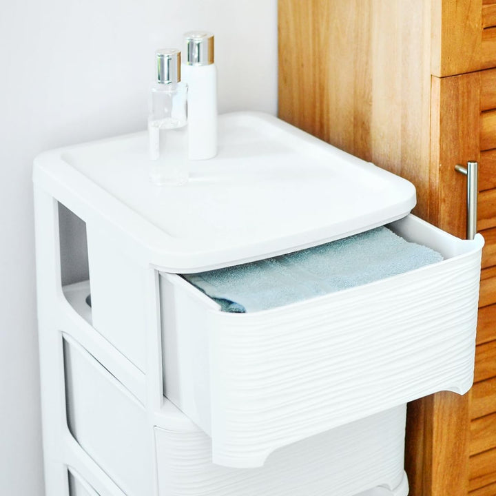 Schubladenschrank mit Rollen Rollcontainer mit 3 Schubladen Rollschrank Kunststoff Rollwagen (Weiss)