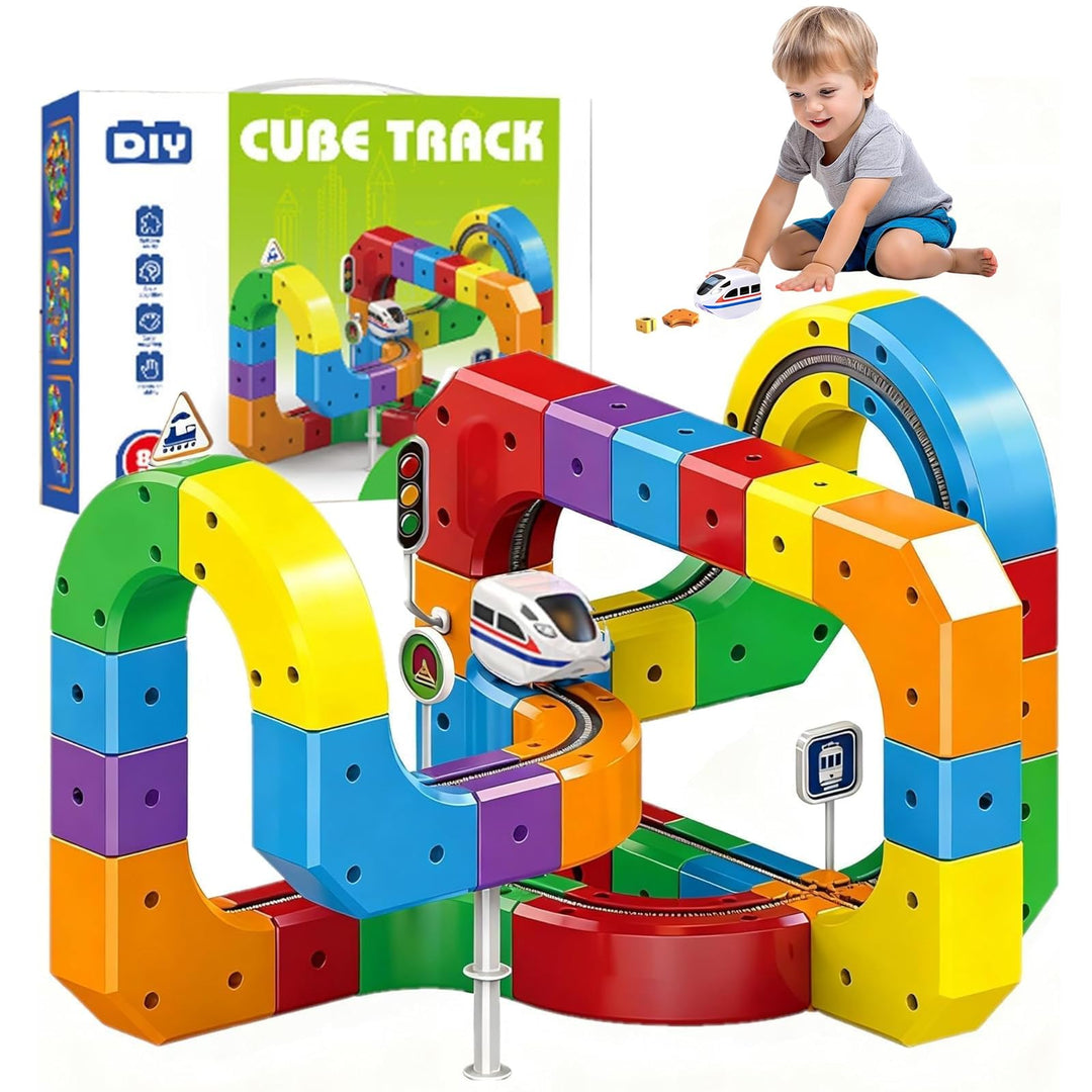 81 stück Clickrail Electric Train Set Flexible Rennstrecke, DIY Cube Track Block Zug mit Schwerkraft