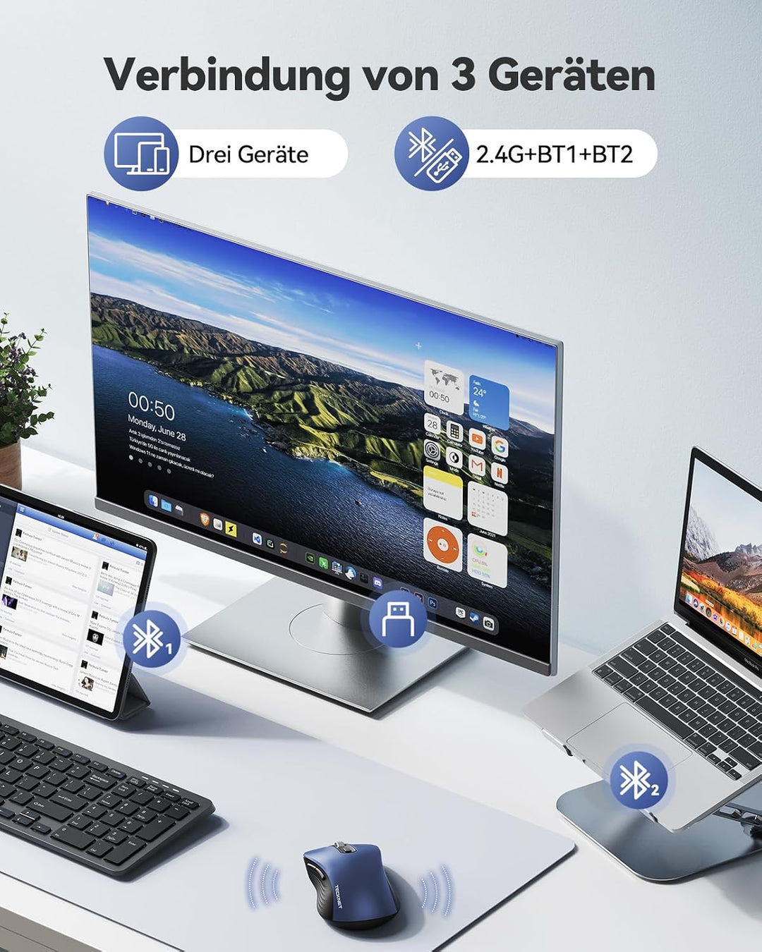 TECKNET Bluetooth Maus Kabellos, Wiederaufladbare Funkmaus mit 4-Wege-Scrollrad, 4800 DPI 6 Stufen,