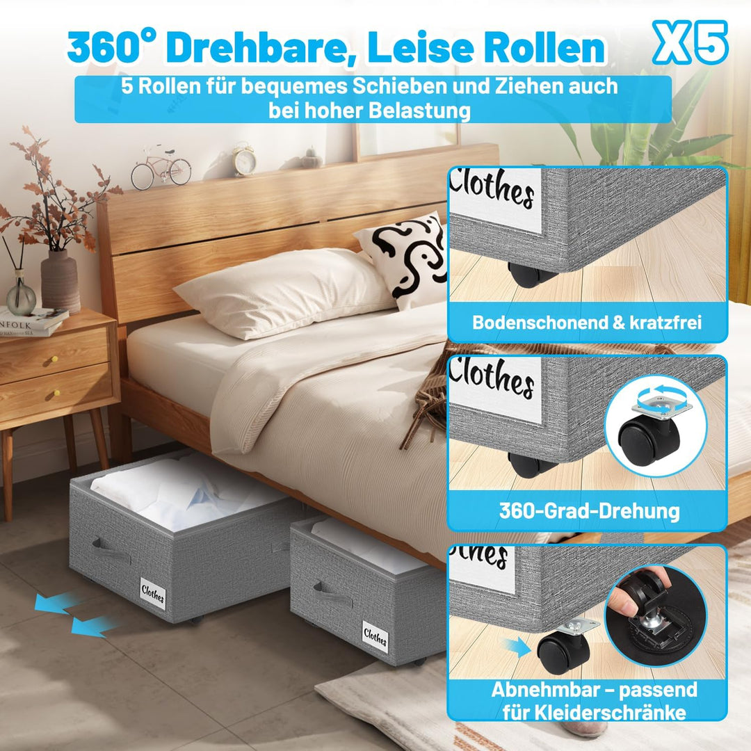 Unterbettkommode mit Rollen 360°Drehung, 2 Stück XXL 60L Unterbett Aufbewahrungsbox mit Transparente