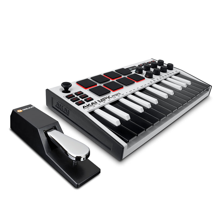 AKAI Professional Midi Controller + Sustain Pedal Bundle - MPK Mini MK3 White USB-MIDI-Keyboard Cont