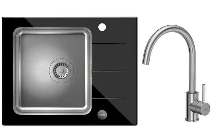 VBChome Glasspüle 62 x 50 Spülbecken mit Armatur Spüle Einbauspüle schwarz Glas inkl. Ablaufgarnitur