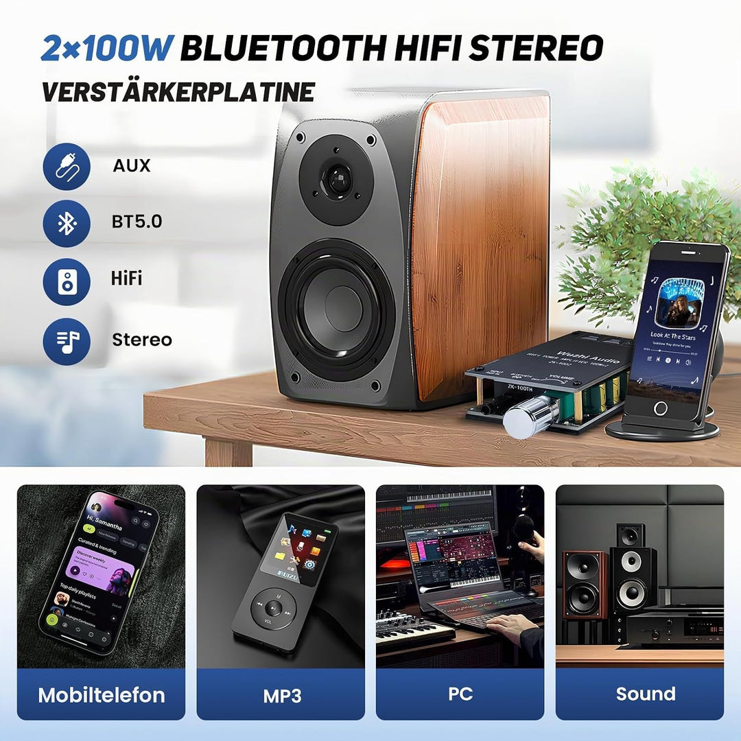 2x100W HiFi-Verstärker, Bluetooth 5.0 Audioverstärker Amp mit LC-Filter &amp; TPA3116 Chip, Stereo Mini