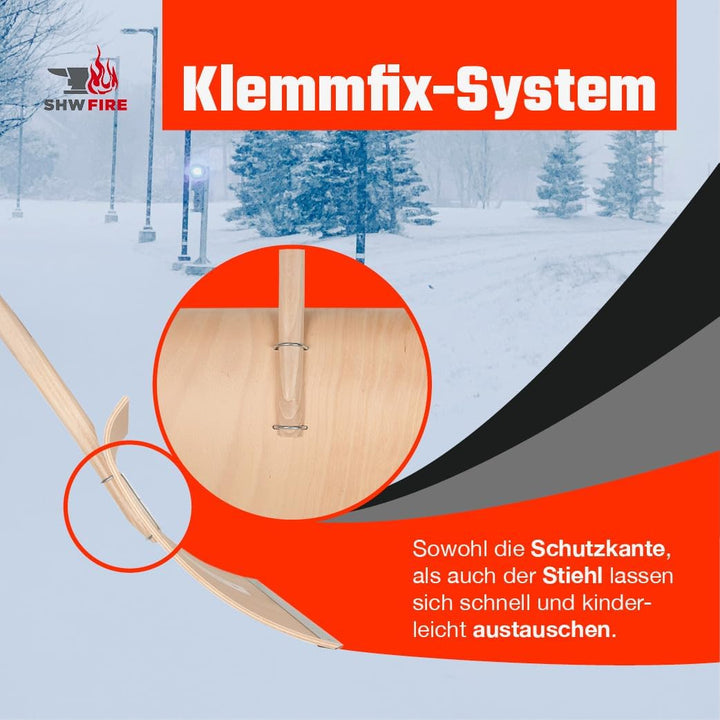 SHW-FIRE Schneeschieber 50cm Breite - Holz Schneeschaufel mit 150cm Ovalstiel und Schutzkante
