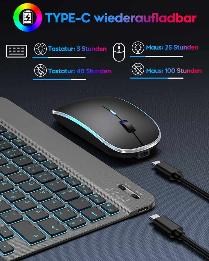TECURS Bluetooth Tastatur Maus Set für iPad Air/Pro/Mini/11/10.9/10.2/9.7/iPhone, QWERTZ Deutsches L