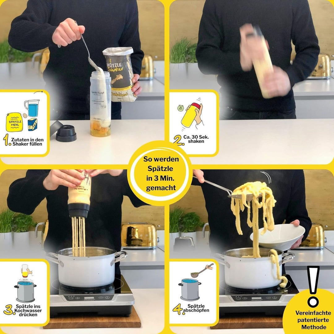 Spätzle-Shaker (LILA) für 2 Portionen selbstgemachte Spätzle (675ml) Spätzlepresse und Mixer in eine