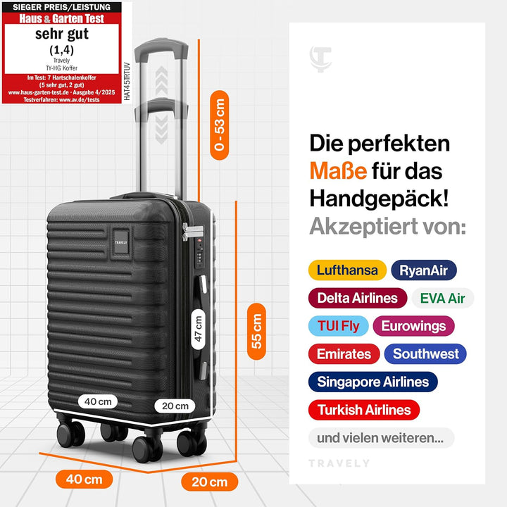 Travely Premium Handgepäck Koffer 55x40x20cm - passend für Ryanair, Lufthansa, Eurowings und co. I 3