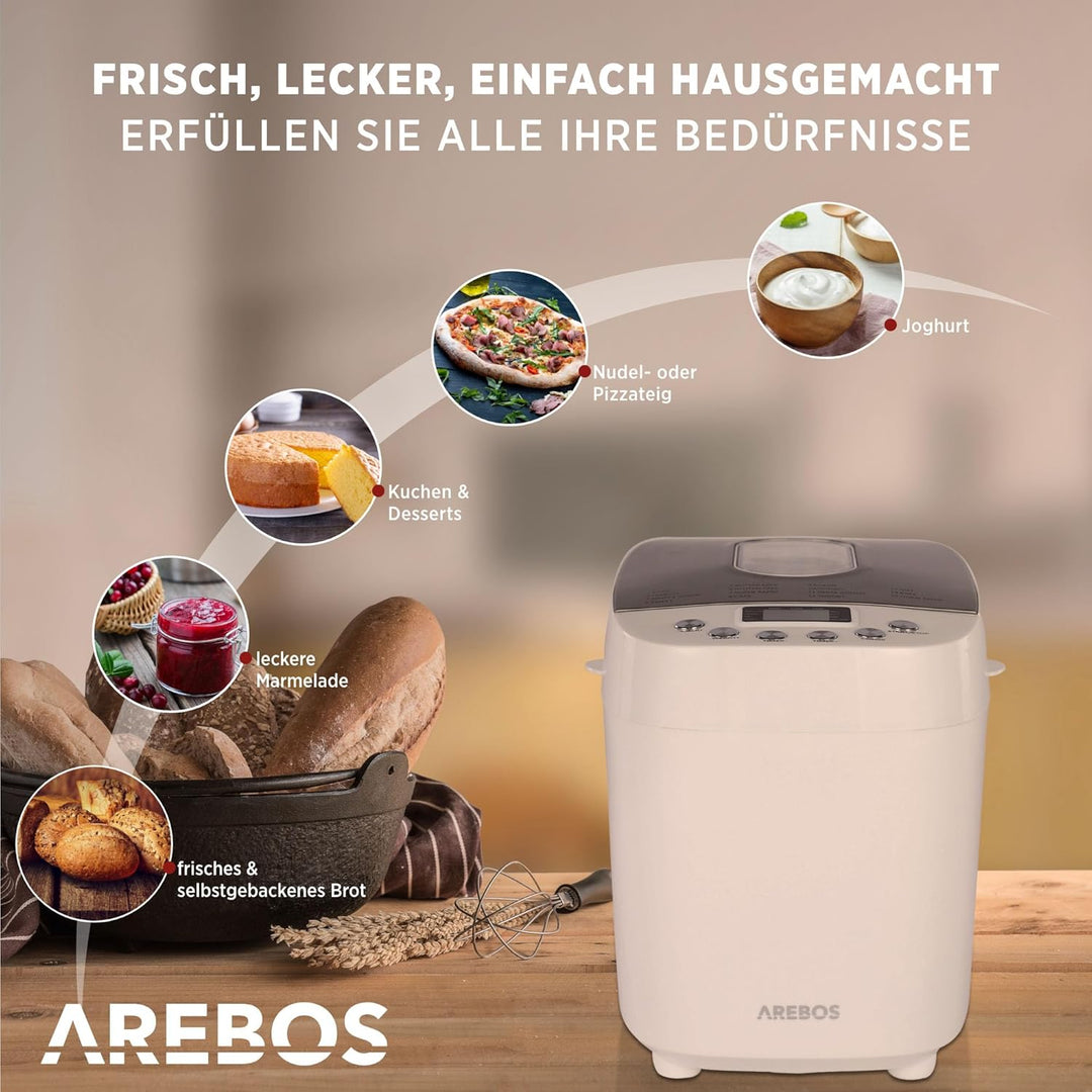 Arebos Brotbackautomat 1500g | mit 15 Programmen | 2 Knethaken | Timer | LCD Display | 3 Bräunungsgr