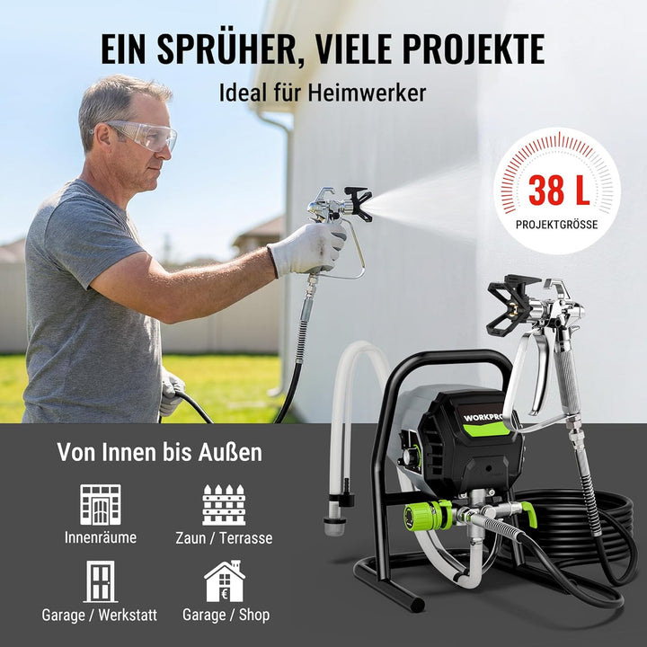 WORKPRO 700 W Airless Farbsprühsystem, Airless Farbsprühgerät mit 3 Verstellbaren Druckstufen, Ideal