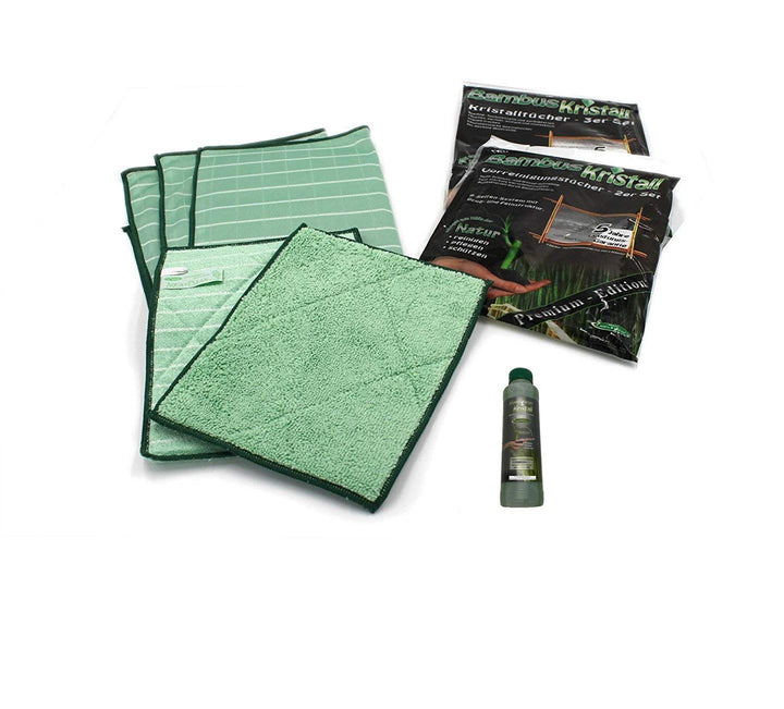 Bambus-Kristall 6er Set Premium - 3 Poliertücher &amp; 2 Vorreinigungstücher + Reiniger 250ml