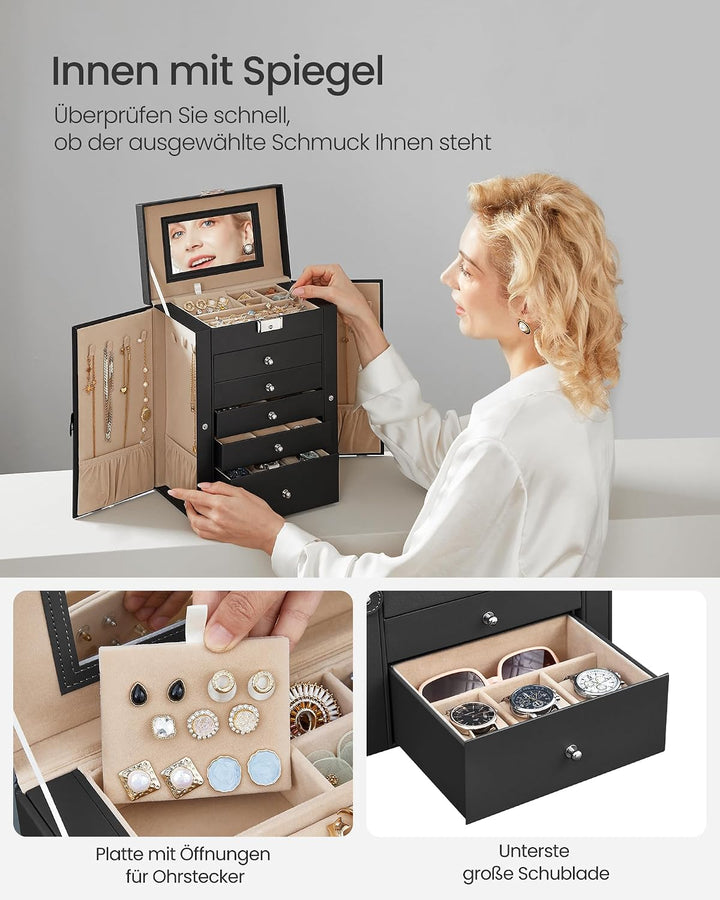 SONGMICS Schmuckkasten, grosse Schmuckschatulle mit 6 Ebenen, Schmuckkästchen mit seitlichen Klapptü
