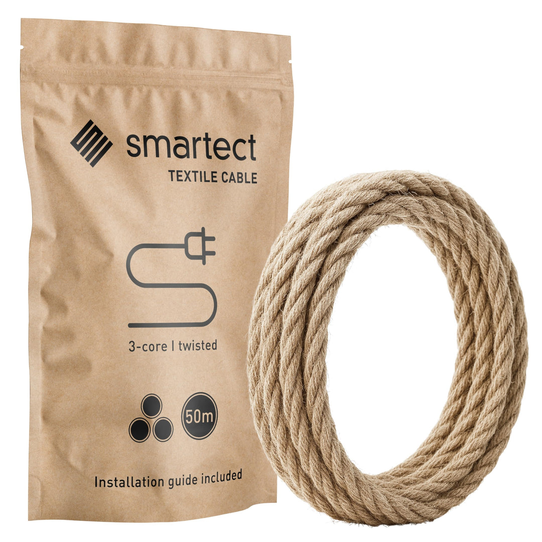 smartect Textilkabel gedreht 3-Adrig (3 x 0.75 mm²) Jute, 50 Meter | Vintage Lampenkabel Stoff, Stro
