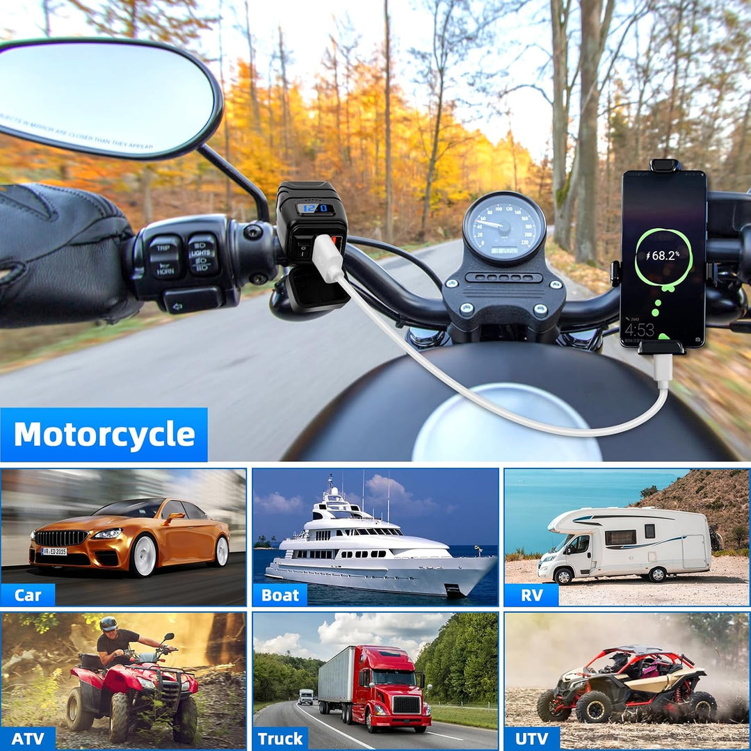 12V USB Steckdose Motorrad, Motorrad USB Ladegerät mit EIN-/Ausschalter und LED-Spannungsmesser, QC3