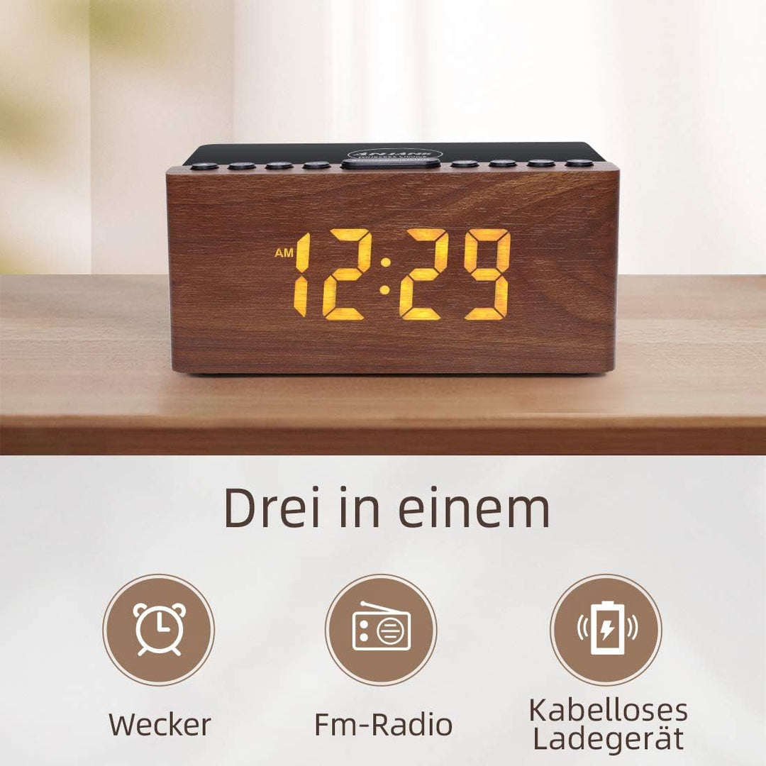 ANJANK Digitaler Radiowecker aus Holz mit Kabelloser Ladestation，10W Fast Wireless Charger for iPhon
