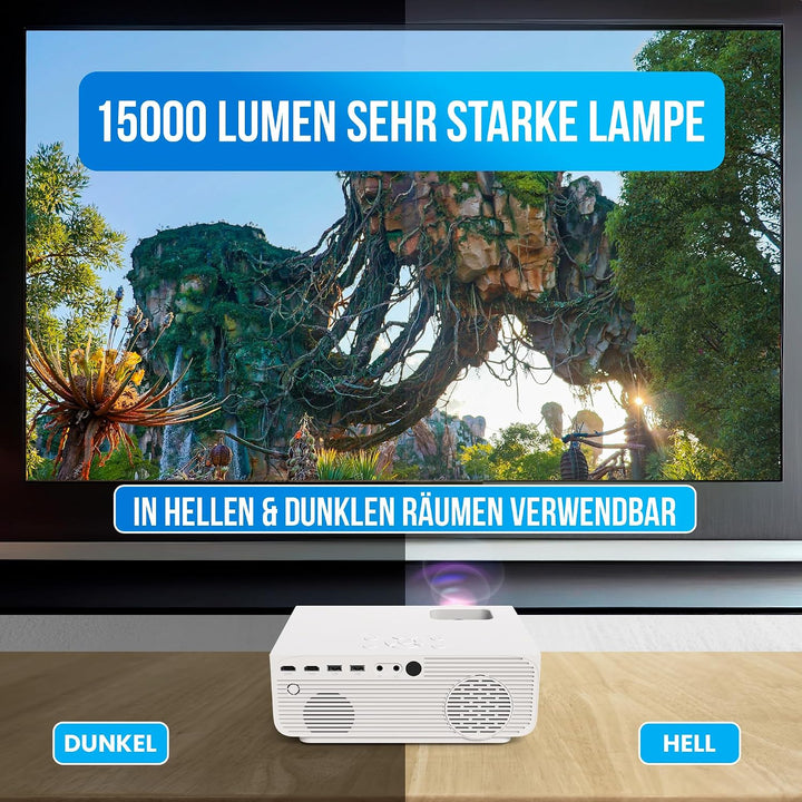 Strex Beamer - 1080P Full HD - 15000 Lumen - Drahtloses Streaming - WiFi - Bluetooth - Mini Beamer -