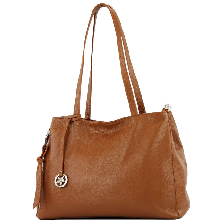 modamoda de - T205 - ital. Schultertasche Henkeltasche aus Leder Cognac, Cognac