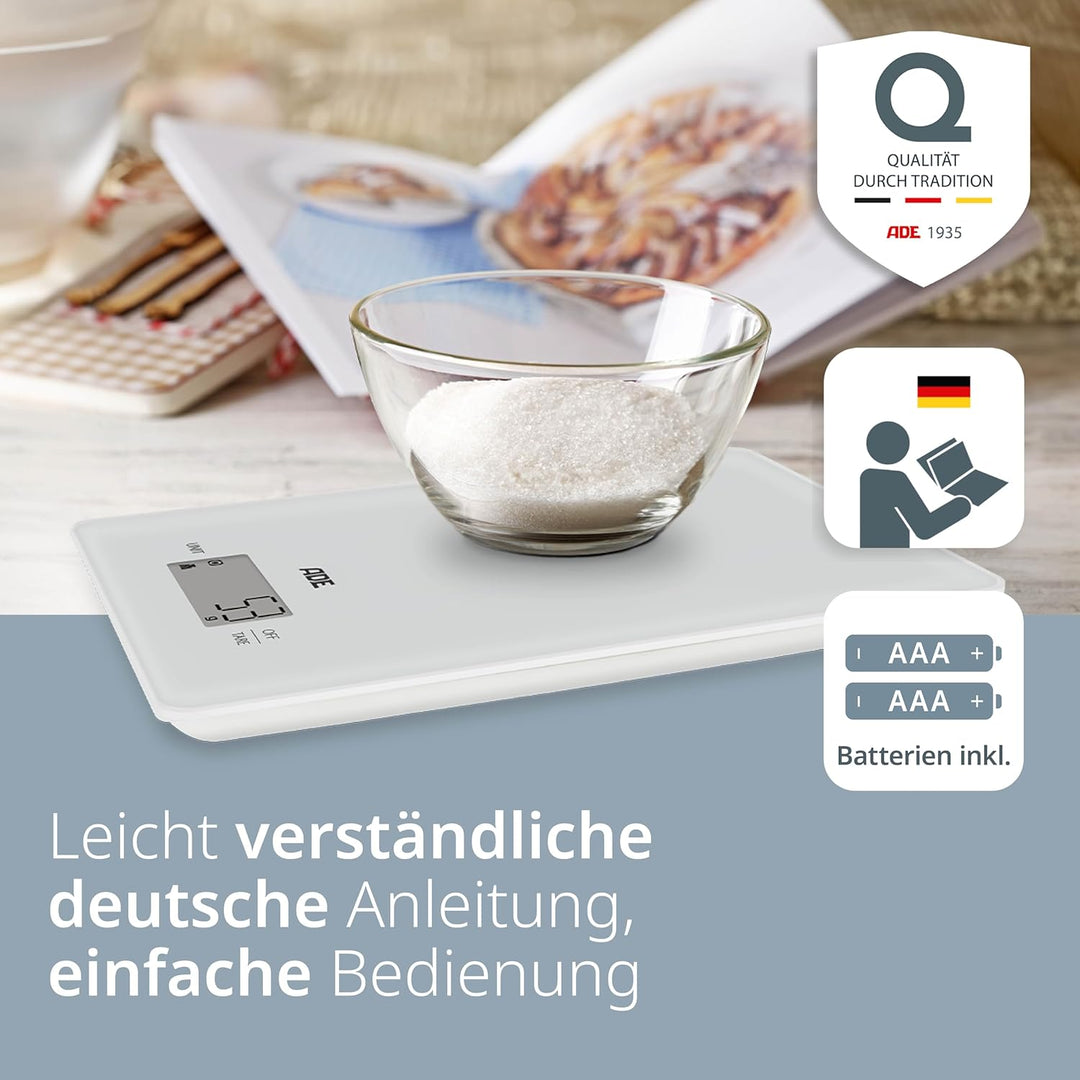 ADE Digitale Küchenwaage | präzise Grammwaage bis 5 kg | grosses Display | inkl. AAA Batterien | seh
