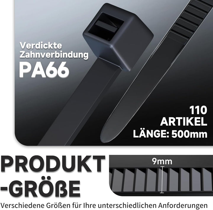ZENIX Kabelbinder Schwarz 9mm x 500mm, 110 Stück Kabelbinder UV Beständig lang, Schwarze Binder mit