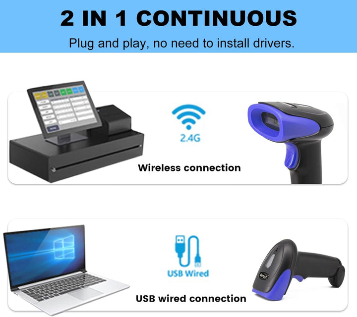 LENVII Wireless Barcode Scanner 2D 1D QR Wireless 2.4GHz + Wired USB 2.0 Handheld Bar Code Reader QR