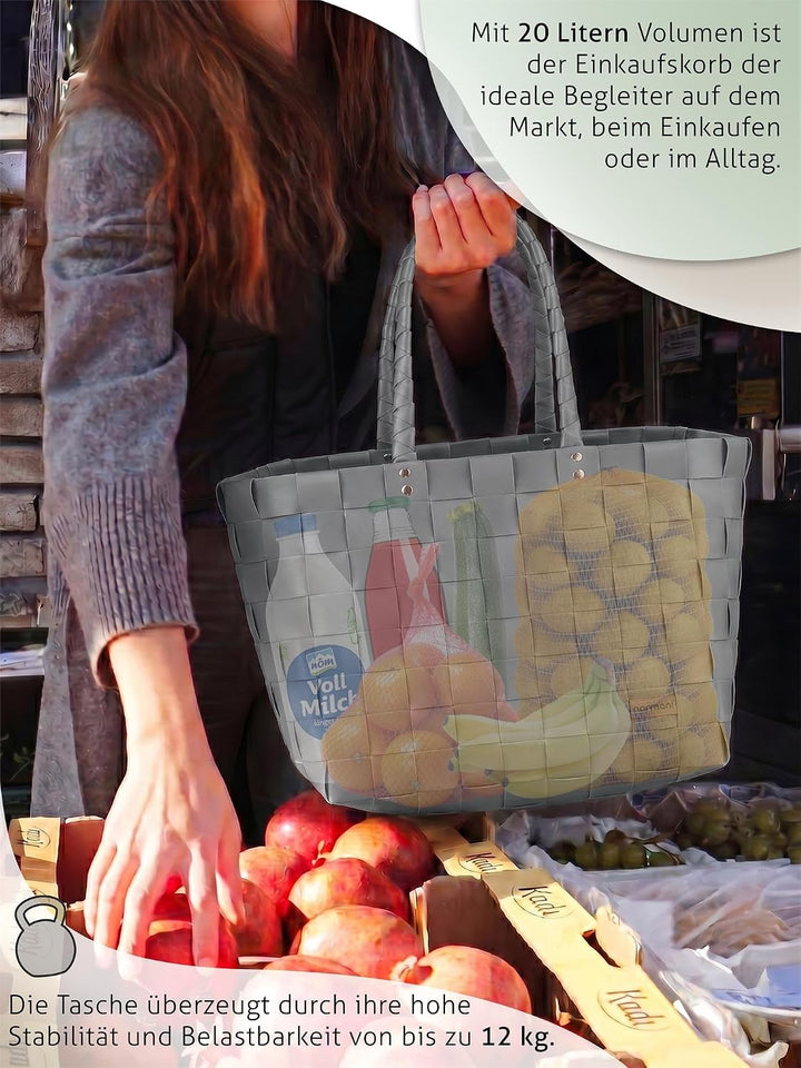 normani Einkaufskorb Shopper geflochten aus Kunststoff - robuster Strandkorb aus wasserabweisendem M