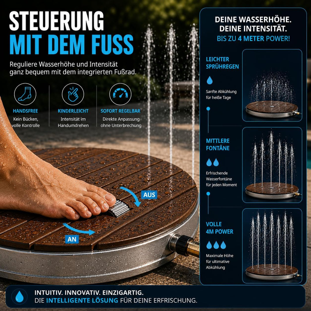 poolomio® Bodendusche Outdoor Ø 74 cm | Premium Gartendusche aus WPC mit 18 Wasserfontänen &amp; bis 4 m