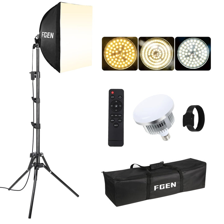 FGen Softbox Set,1x40x40cm Softbox Licht Kabellänge 300cm mit 85W 2700-6400K Einstellbarer LED Birne