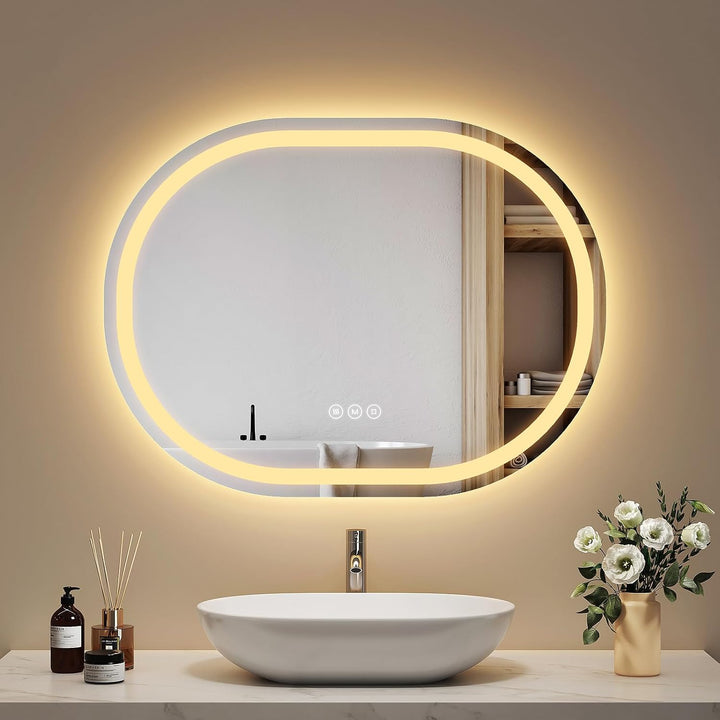 EMKE Badspiegel mit Beleuchtung oval 60x80cm, Ovaler Spiegel mit 3 Lichtfarben Dimmbar, Antibeschlag