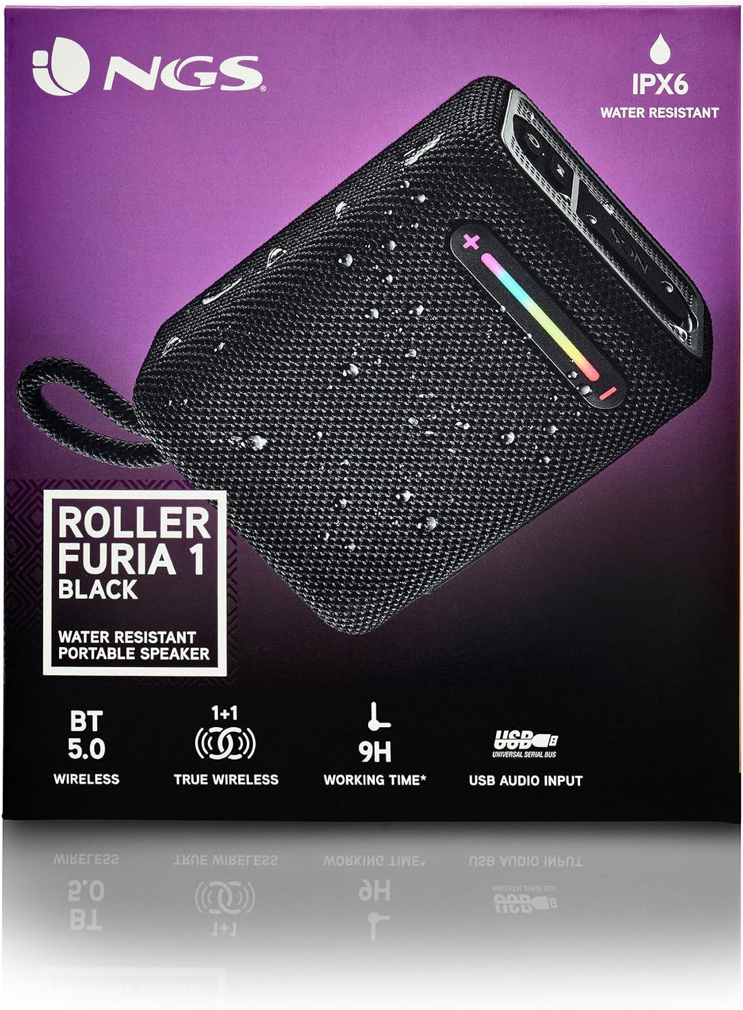 NGS Roller Furia 1 Black - Tragbarer Lautsprecher mit Bluetooth-Technologie, RGB-Lichtern, IPX6-Wass