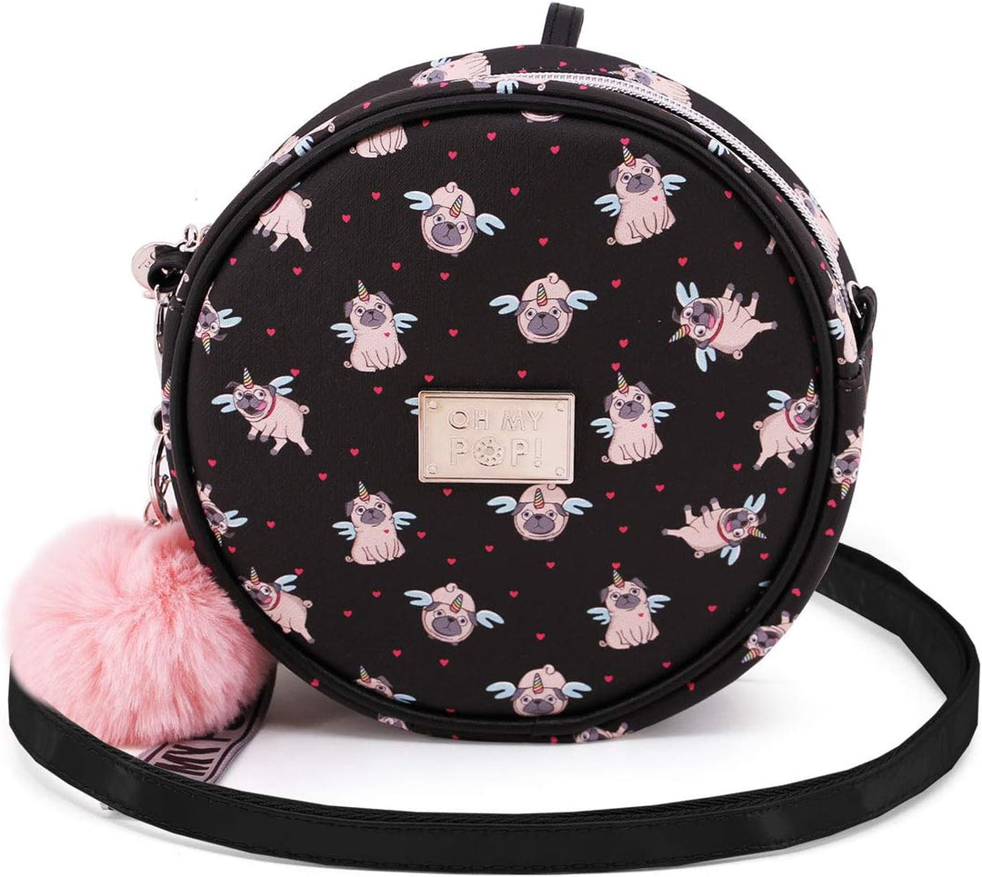 Oh My Pop! Pug-Runde Schultertasche, Schwarz