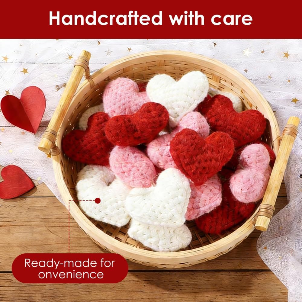 DONGKER Mini Häkelherzen, 24/36 Stück Gestrickte Valentinstag Schalenfüller, 5,5x5 cm, 3 Farben, Häk