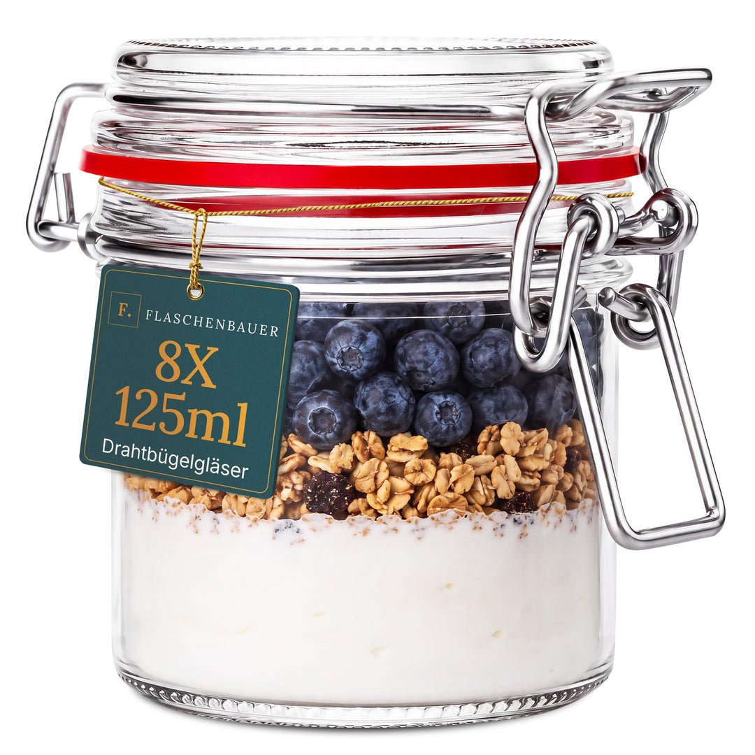 Flaschenbauer - 8er Set Drahtbügelgläser 125ml - Vorratsglas mit Dichtungsringen inkl. Etiketten, Ei
