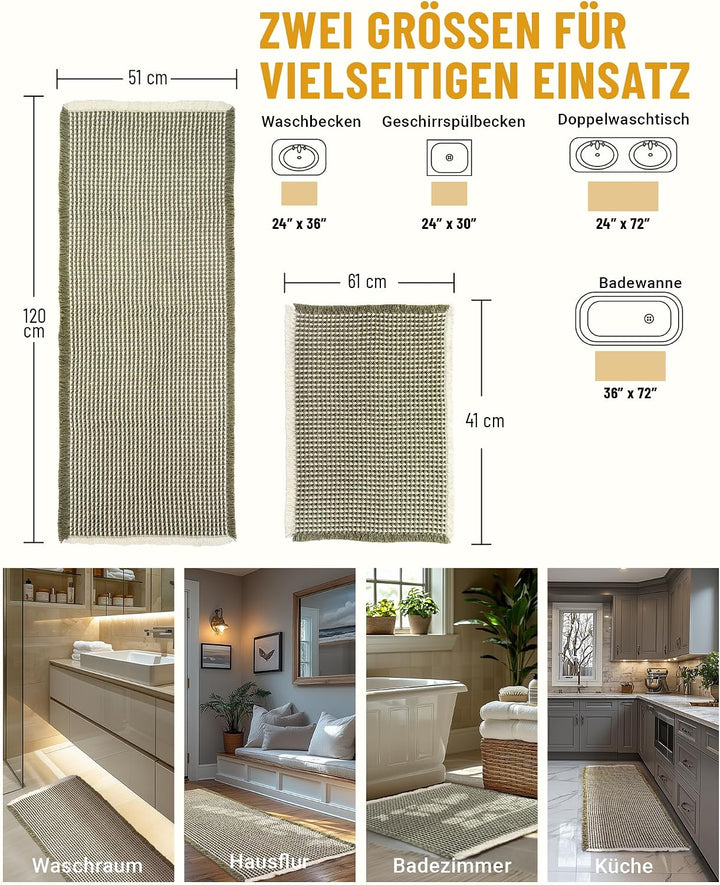 Grosses Badteppich Set, Badematte Grün, Badezimmerteppich Set 2 Teilig, Boho Bath Mat, Badezimmermat