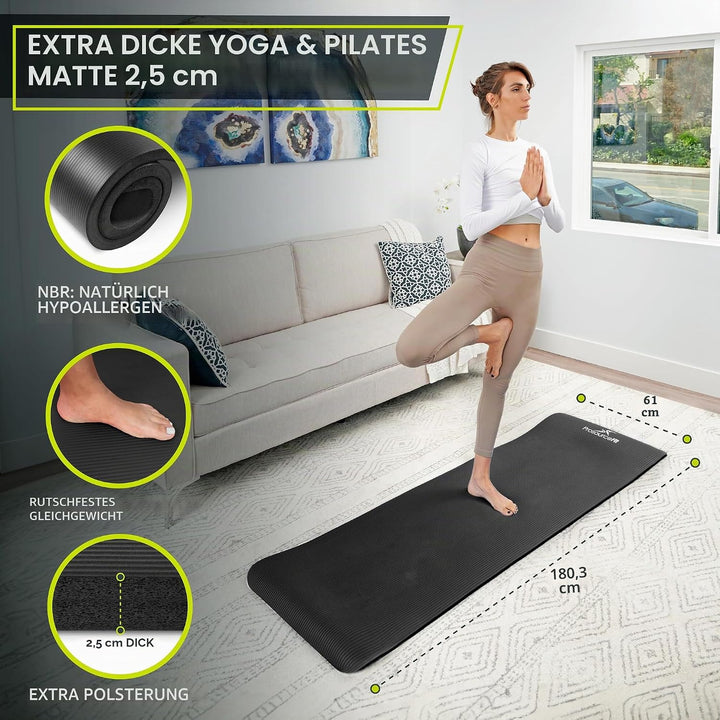 ProsourceFit Extra Thick Yoga and Pilates Mat 1" Black, 1" Black
