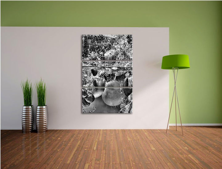 Pixxprint Monocrome, Früchte Fallen ins Wasser 3-Teiler Leinwandbild 120x80 Bild auf Leinwand