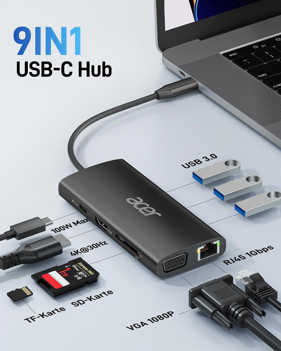 Acer USB-C-Hub mit 4K HDMI, 9-in-1-USB-C-zu-Ethernet-Adapter, 5-Gbps-USB-A-3.1-Dockingstation, PD-10