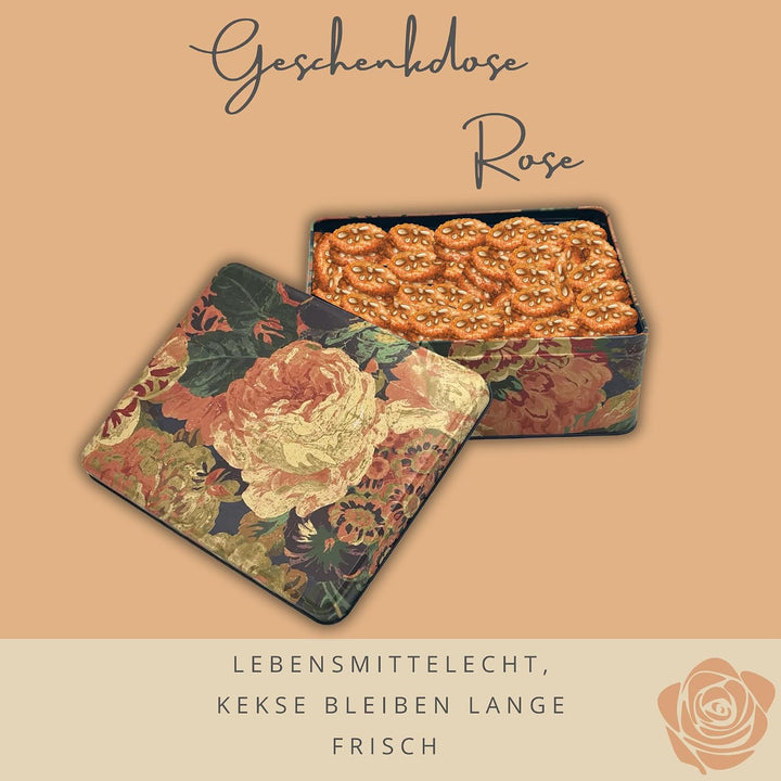 Geschenkdose Design Sanderson - Liebevoll gestaltete rechteckige Vorratsdose - Motiv Rose - Blechdos